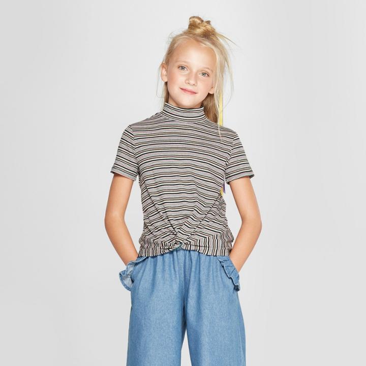 Girls' Mock Neck Twist Front Short Sleeve T-shirt - Art Class Gray L,