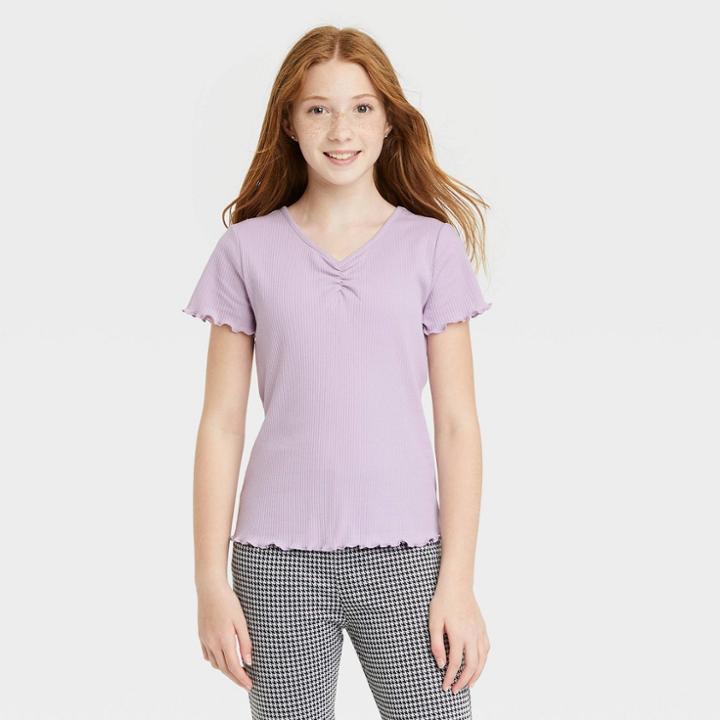 Girls' Cinch Front Lettuce Edge Short Sleeve T-shirt - Art Class Light Purple