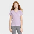 Girls' Cinch Front Lettuce Edge Short Sleeve T-shirt - Art Class Light Purple