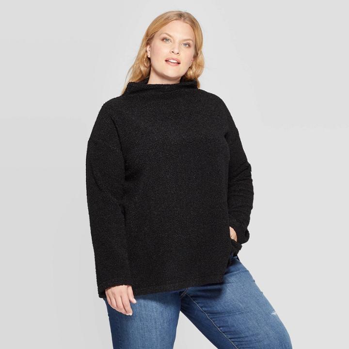 Women's Plus Size Long Sleeve Turtleneck Sherpa Pullover - Ava & Viv Black X, Women's