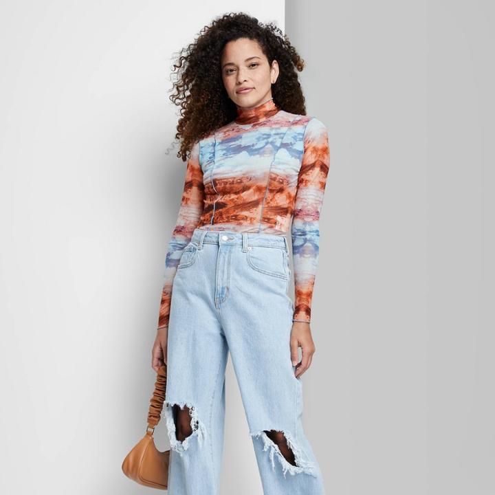 Women's Long Sleeve Turtleneck Seamed Detail T-shirt - Wild Fable Blue