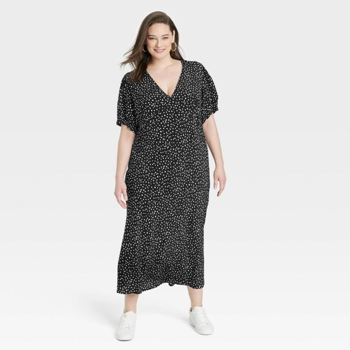 Women's Plus Size Puff Short Sleeve Dress - A New Day Black Hearts