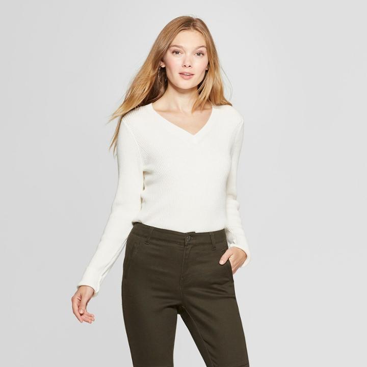 Women's V-neck Ribbed Pullover Sweater - A New Day Cream (ivory)