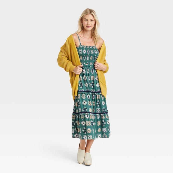 Women's Sleeveless Tiered Dress - Universal Thread Teal Green Ikat Print