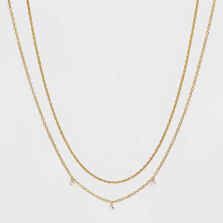 14k Gold Plated Pierced Cubic Zirconia Duo Necklace - A New Day