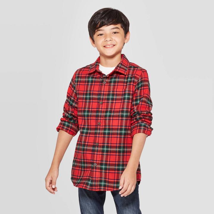 Boys' Check Long Sleeve Button-down Shirt - Cat & Jack Red