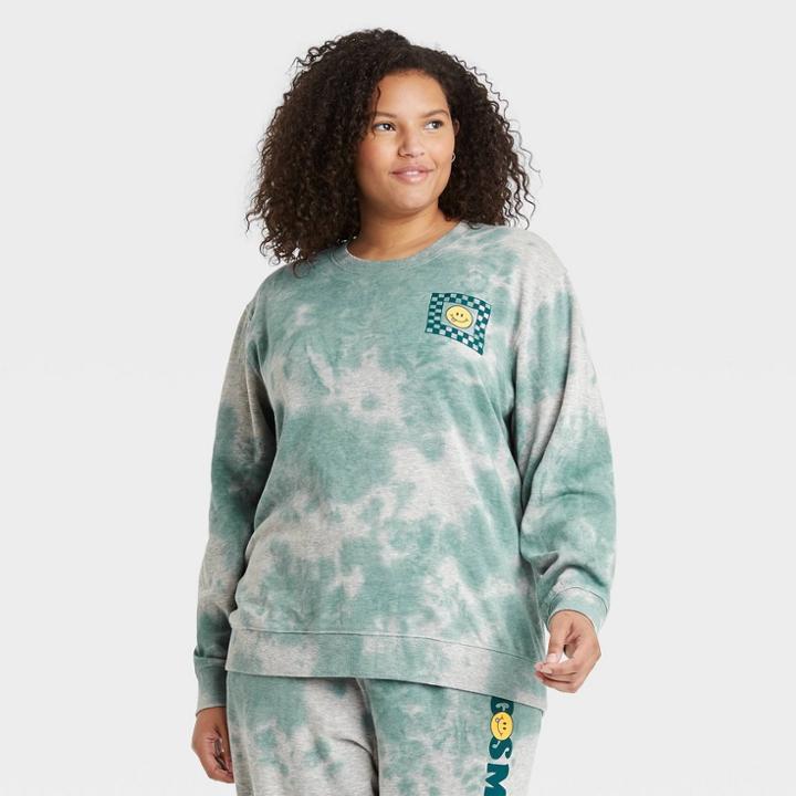 Mighty Fine Women's Plus Size Big Smile Energy Graphic Sweatshirt - Green Tie-dye