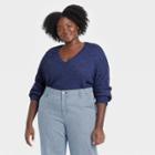 Women's Plus Size V-neck Pullover Sweater - Universal Thread Navy Blue