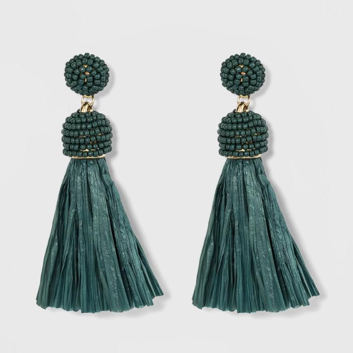 Seed Bead And Simulated Raffia Tassel Drop Earrings - A New Day Teal