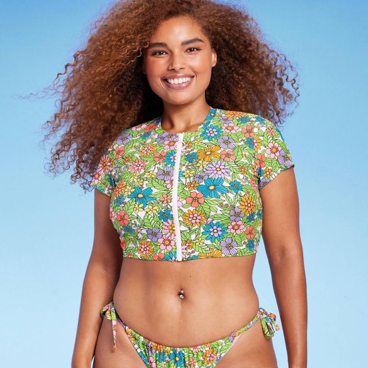Women's Short Sleeve Zip Front Rashguard - Wild Fable Tropical Print L, Blue/pink/green