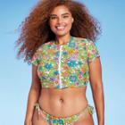 Women's Short Sleeve Zip Front Rashguard - Wild Fable Tropical Print L, Blue/pink/green