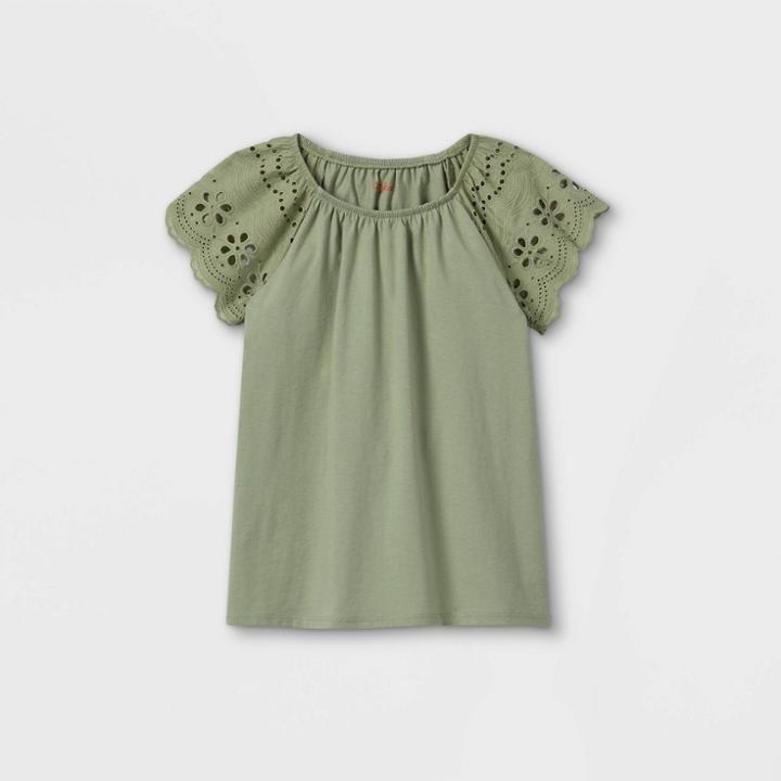 Girls' Eyelet Short Sleeve T-shirt - Cat & Jack Army Green