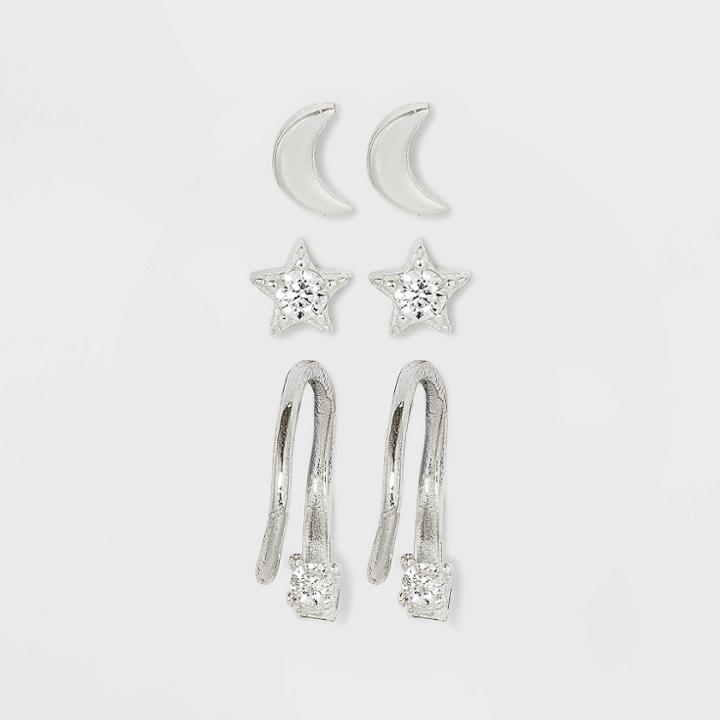 Sterling Silver Star Stud Cubic Zirconia Moon And Endless Hoop Earring Set 3pc - A New Day