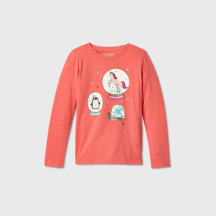 Girls' Long Sleeve Unicorn Snow Globe Graphic T-shirt - Cat & Jack Coral