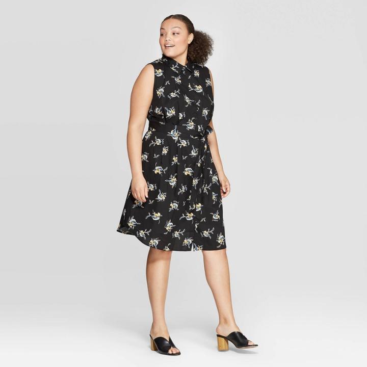 Women's Plus Size Floral Print Mid-rise Sleeveless Shirtdress - Who What Wear Black X