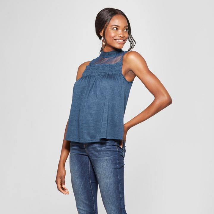 Women's Sleeveless Lace Knit Tank - Xhilaration Teal (blue)