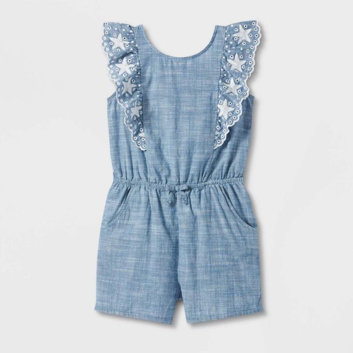 Girls' Chambray Flutter Sleeve Americana Romper - Cat & Jack Blue