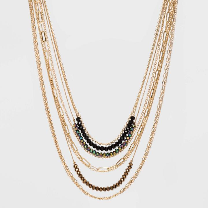 Short Multi Layered With Copper Blue And Black Glass Beads Statement Necklace - A New Day Balck