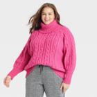 Women's Plus Size Mock Turtleneck Cable Knit Pullover Sweater - A New Day Pink