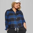Women's Plus Size Plaid Long Sleeve Tie-front Cropped Flannel Button-down Shirt - Wild Fable Cobalt (blue)