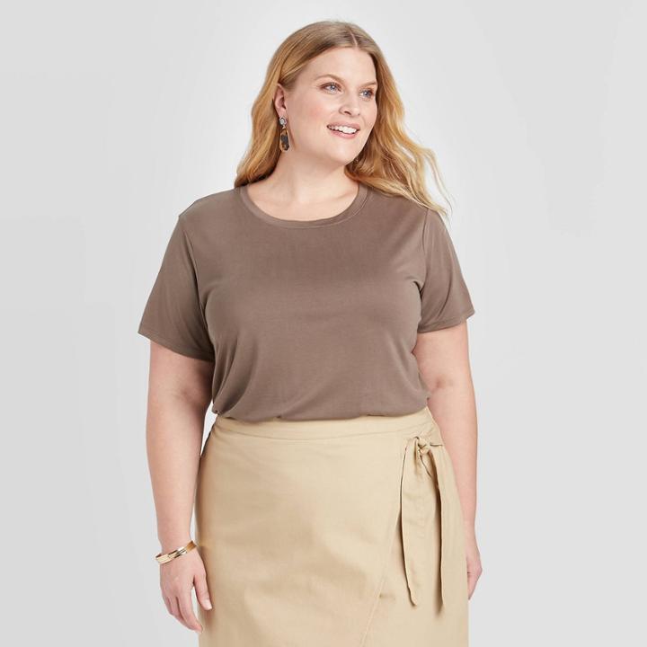 Women's Plus Size Short Sleeve Scoop Neck Sandwash T-shirt - Ava & Viv Brown X, Women's, Gray