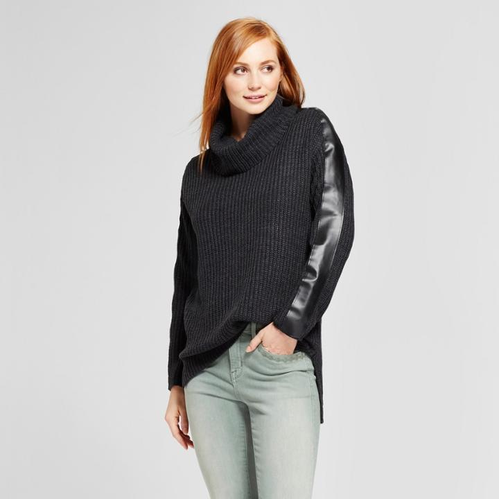 Women's Faux Leather Trim Turtleneck Pullover - Alison Andrews Black