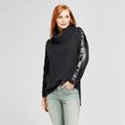 Women's Faux Leather Trim Turtleneck Pullover - Alison Andrews Black