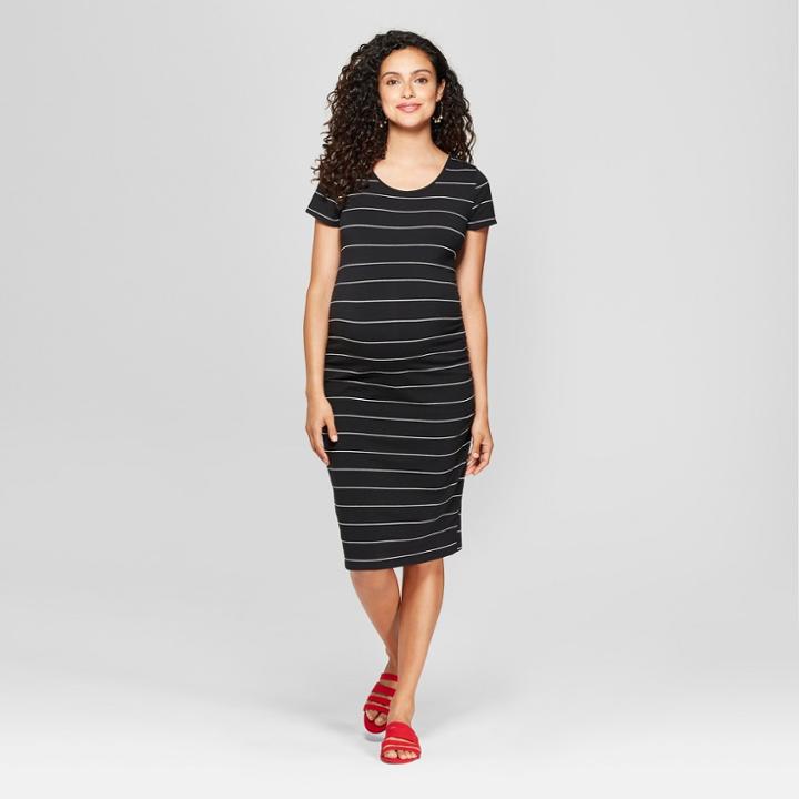 Maternity Striped Short Sleeve Shirred T-shirt Dress - Isabel Maternity By Ingrid & Isabel Black L, Black
