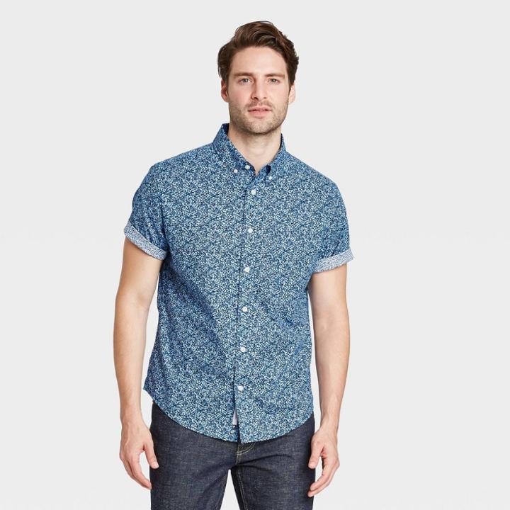 Men's Floral Print Standard Fit Stretch Poplin Short Sleeve Button-down Shirt - Goodfellow & Co