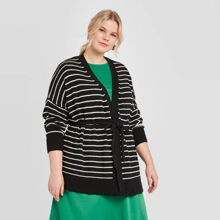 Women's Plus Size Striped Long Sleeve Wrap Cardigan - Who What Wear Black 1x, Women's,