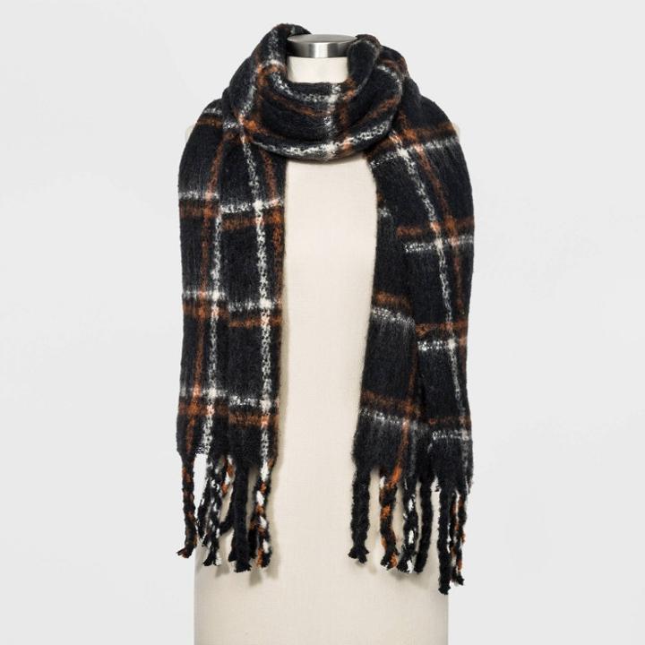 Women's Plaid Brushed Blanket Scarf - A New Day Black One Size, Women's