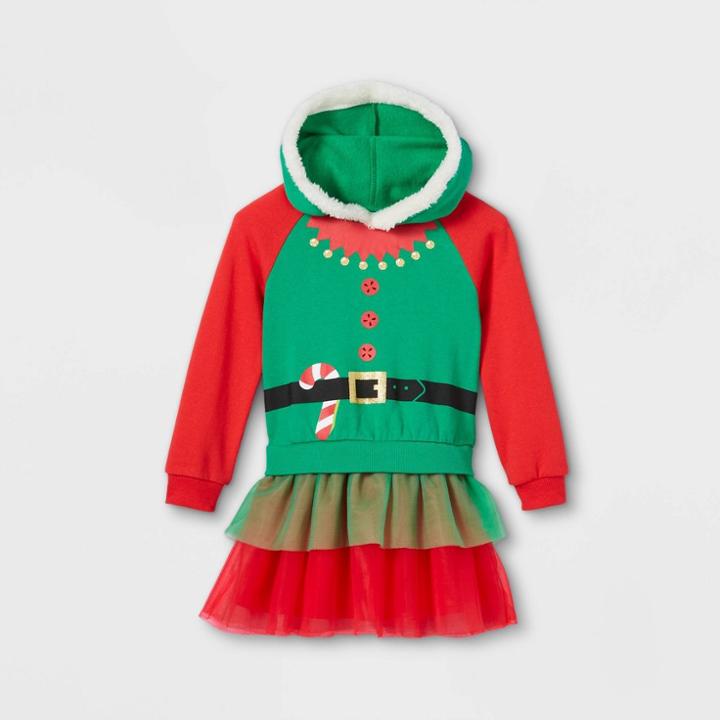 Well Worn Toddler Girls' Elf Ugly Christmas Sweater Tutu Dress - Green