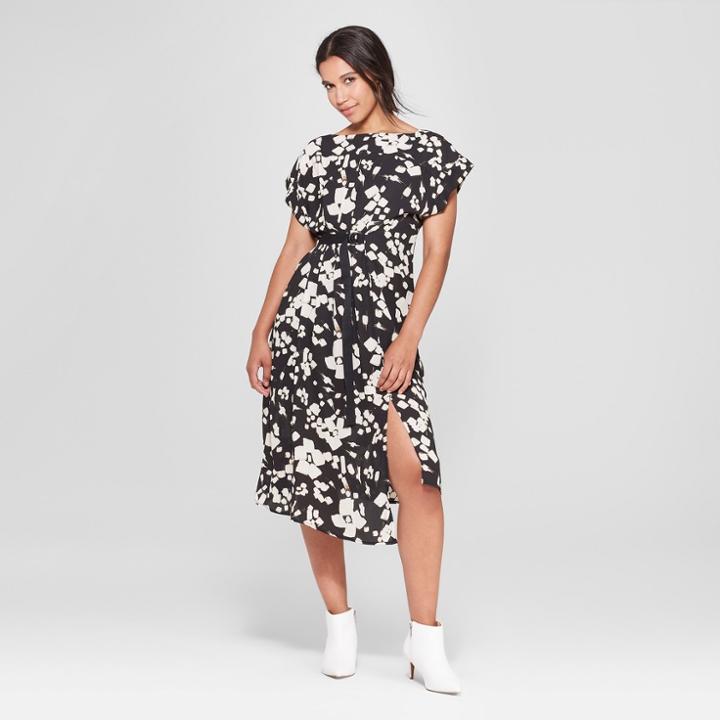 Women's Floral Print Short Sleeve Pleated Wrap Dress - Prologue Black/white