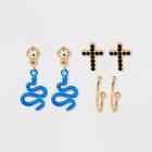 Cross And Anodized Snake Trio Hoop Earring Set - Wild Fable Gold
