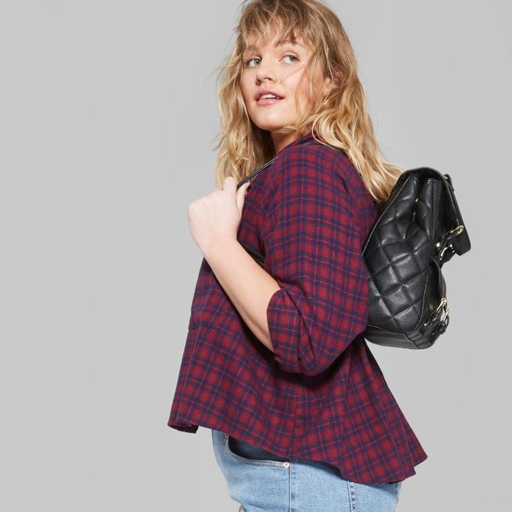 Women's Plus Size Plaid Long Sleeve Cropped Flannel Button-down Shirt - Wild Fable Red