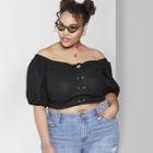 Women's Plus Size Short Sleeve Off The Shoulder Lace-up Cropped Top - Wild Fable Black
