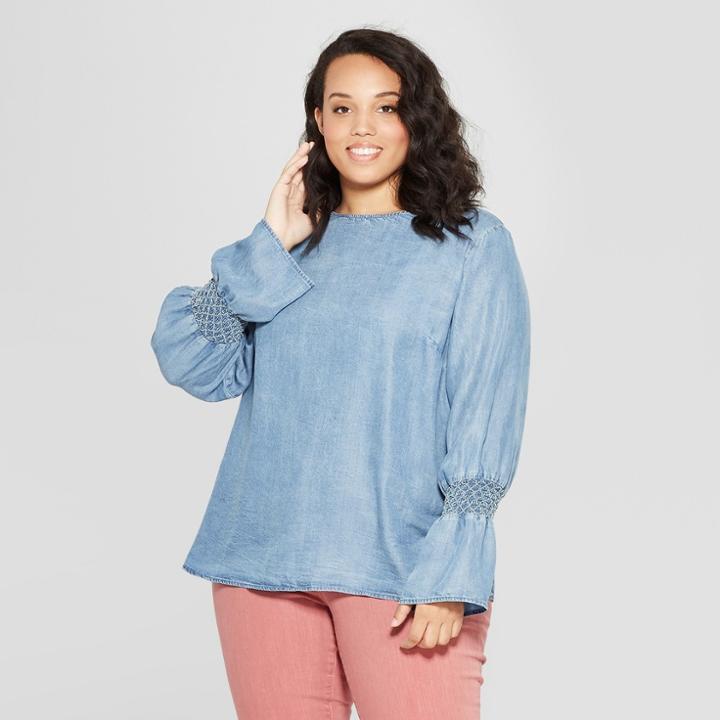 Women's Plus Size Long Sleeve Interest Top - Universal Thread Blue