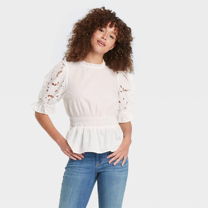 Women's Puff Short Sleeve Eyelet Peplum Top - Universal Thread White