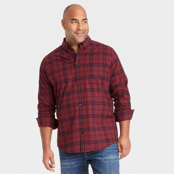 Men's Tall Plaid Regular Fit Stretch Poplin Long Sleeve Button-down Shirt - Goodfellow & Co Berry Red