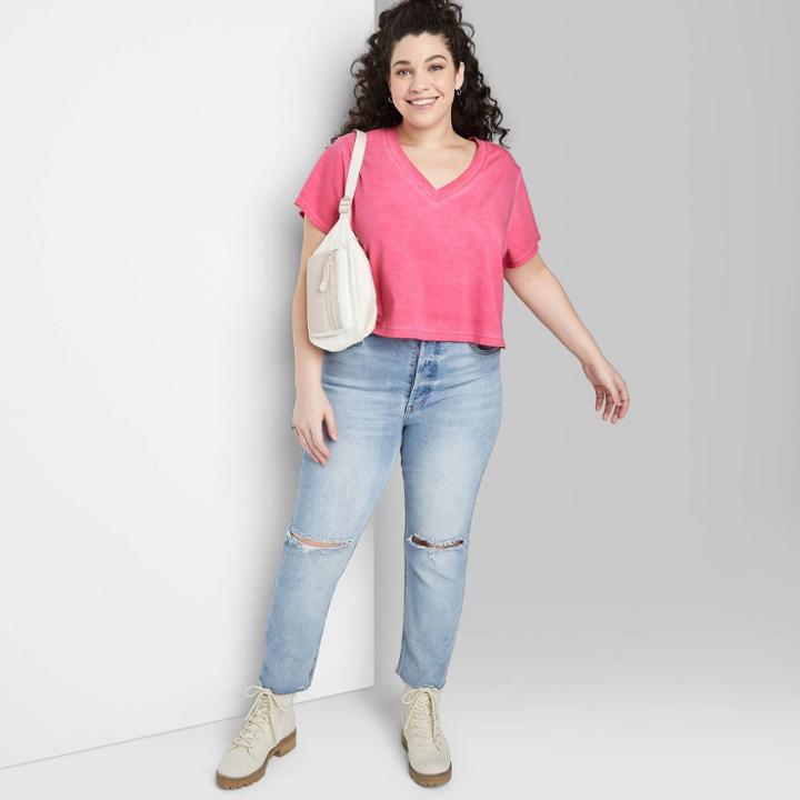Women's Plus Size Short Sleeve Boxy Cropped V-neck T-shirt - Wild Fable Rose Pink