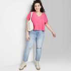 Women's Plus Size Short Sleeve Boxy Cropped V-neck T-shirt - Wild Fable Rose Pink