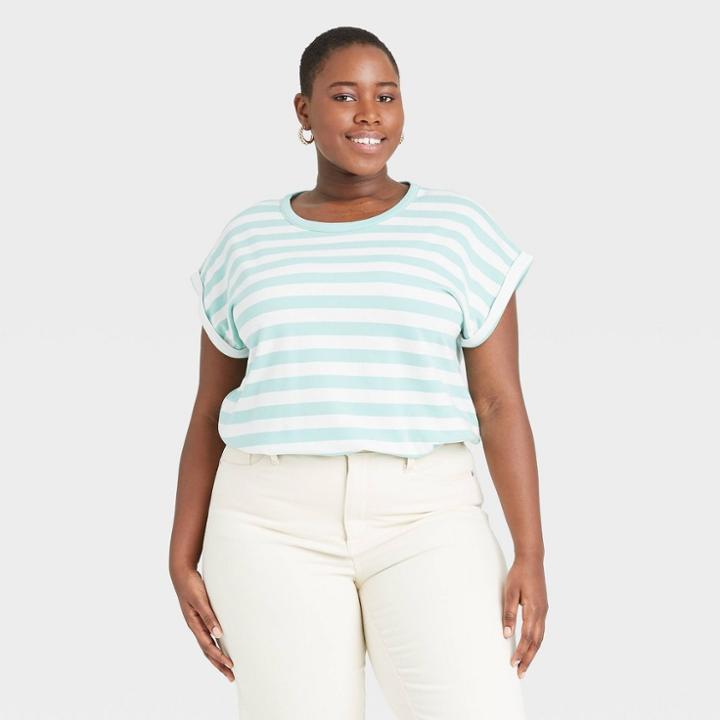 Women's Plus Size Striped Round Neck Cuffed T-shirt - Ava & Viv