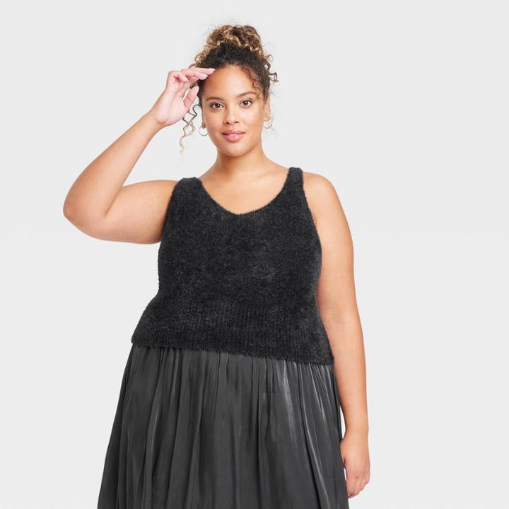 Women's Plus Size V-neck Fuzzy Sweater Tank - A New Day Black