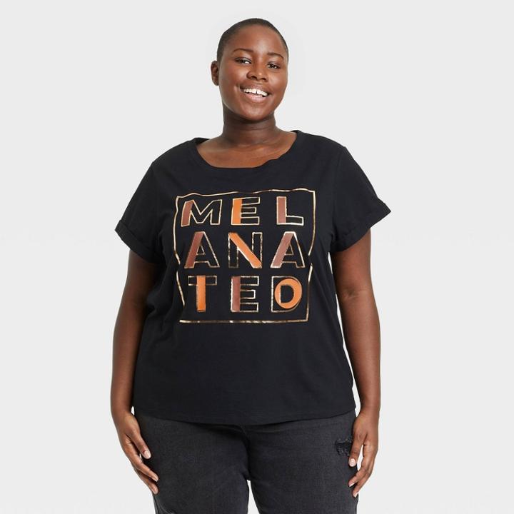 No Brand Black History Month Women's Plus Size Melanated Short Sleeve Graphic T-shirt - Black