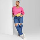 Women's Plus Size Long Sleeve V-neck Waffle Boxy T-shirt - Wild Fable Pink