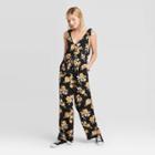 Women's Floral Print Sleeveless V-neck Button-front Jumpsuit - Xhilaration Black