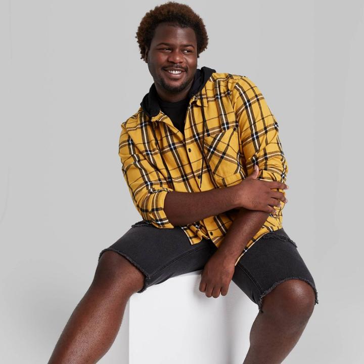 Men's Big & Tall Checked Long Sleeve Hooded Flannel Button-down Shirt - Original Use Yellow