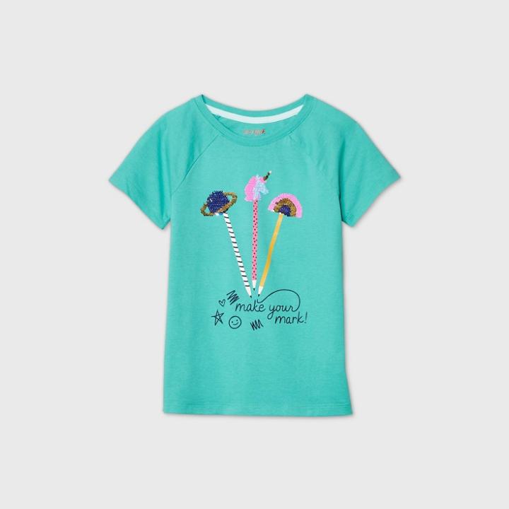 Girls' Short Sleeve Flip Sequin Pencils T-shirt - Cat & Jack Turquoise