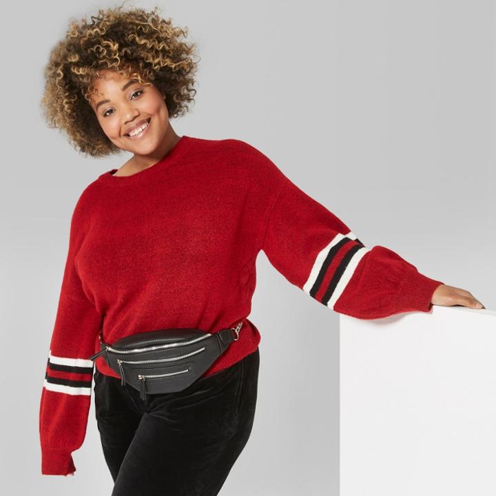 Women's Plus Size Striped Long Sleeve Crew-neck Sweater - Wild Fable Red