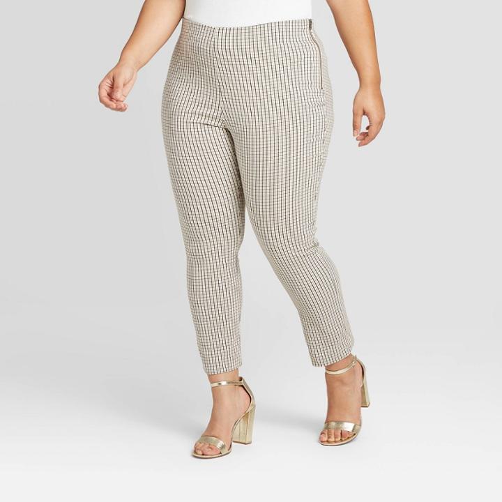 Women's Plus Size Plaid Skinny Ankle Pants - A New Day Brown